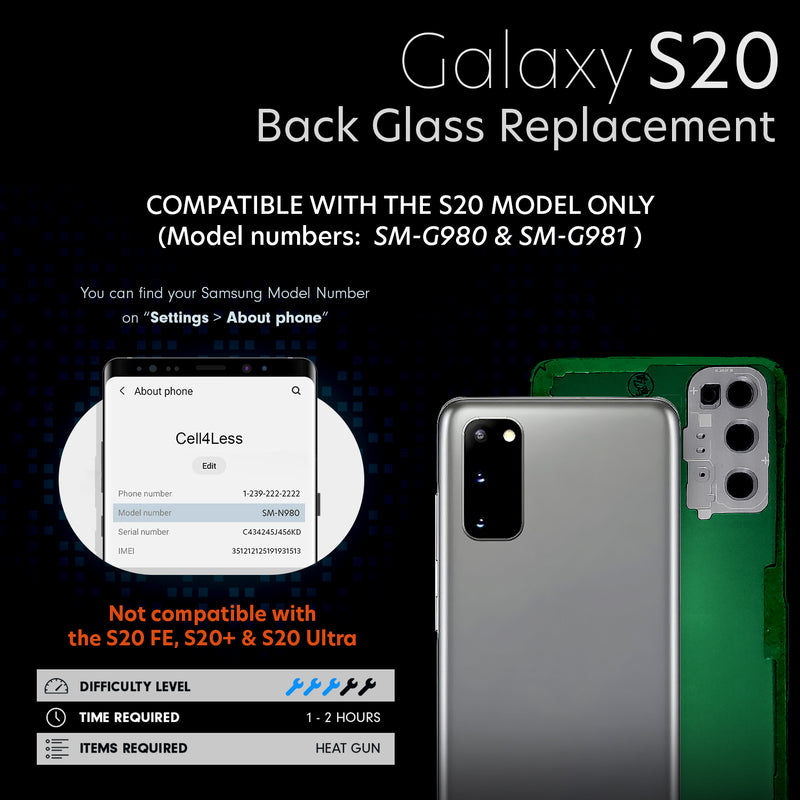 Samsung S20 5G Kit Replacement Back Glass w/Lens Installed - CELL4LESS