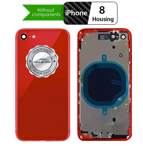 iPhone 8 Red Back Housing Assembly Metal MidFrame w/ Back Glass - Wireless Charging pad - Sim Card Tray and Camera Frame and Lens - CELL4LESS