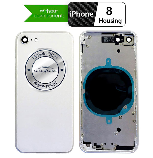 iPhone 8 Silver Back Housing Assembly Metal MidFrame w/ Back Glass - Wireless Charging pad - Sim Card Tray and Camera Frame and Lens - CELL4LESS