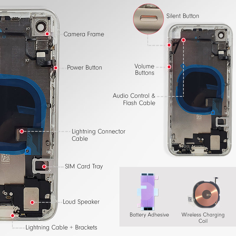 Small Parts iPhone XR Back Housing Assembly Metal MidFrame w/Back Glass - Sim Card Tray, Power / Volume Buttons, Camera Frame and Lens - CELL4LESS