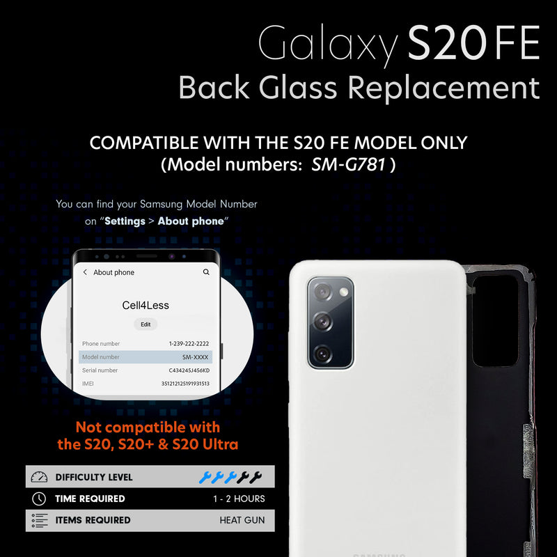 Galaxy S20 FE Back Glass w/Pre-Installed Adhesive and Removal Tool Glass Back Battery Door Cover S20 FE Model Compatible - CELL4LESS