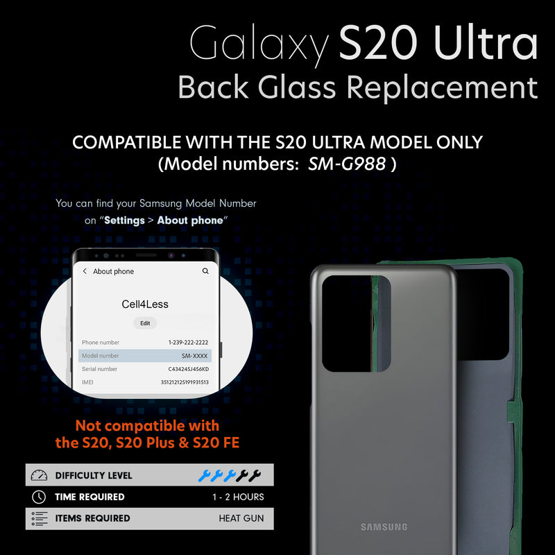 Samsung Galaxy S20 ULTRA 5G Backglass Replacement w/ Pre-Installed Adhesive & Removal Tool SM-G988 - CELL4LESS
