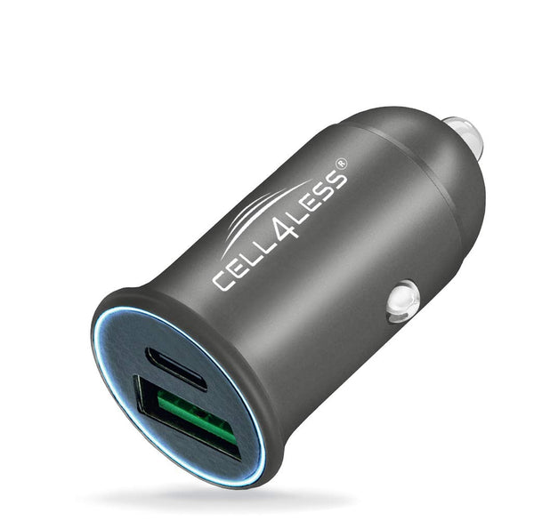 Cell4Less Mini Car Charger Alloy Metal PD 3.0 & QC, Dual Port USB-C PD - CELL4LESS
