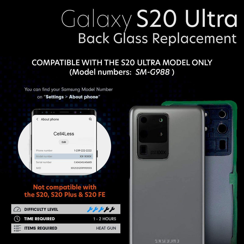 Samsung Galaxy S20 ULTRA 5G Backglass Replacement w/ Pre-Installed Lens and Adhesive & Removal Tool SM-G988 - CELL4LESS