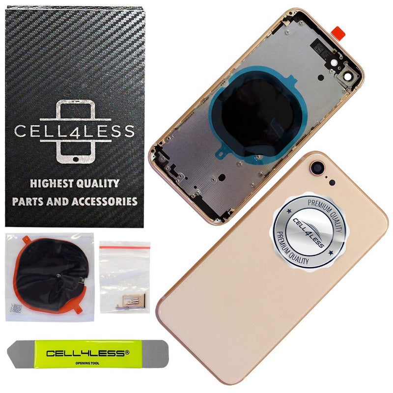 iPhone 8 Gold Back Housing Assembly Metal MidFrame w/ Back Glass - Wireless Charging pad - Sim Card Tray and Camera Frame and Lens - CELL4LESS