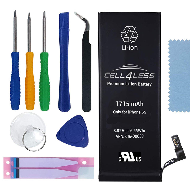 iPhone 6S Battery Replacement Kit for A1633, A1688 & A1700 - 1715 mAh, 3.82V, 6.55 WHR w/Assembly Tools & Adhesive Pull Strips (i6S 1715 mAh) - CELL4LESS