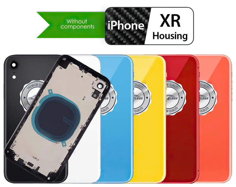 iPhone XR Back Housing Assembly Metal MidFrame w/Back Glass - Sim Card Tray, Power / Volume Buttons, Camera Frame and Lens - No Logo - CELL4LESS