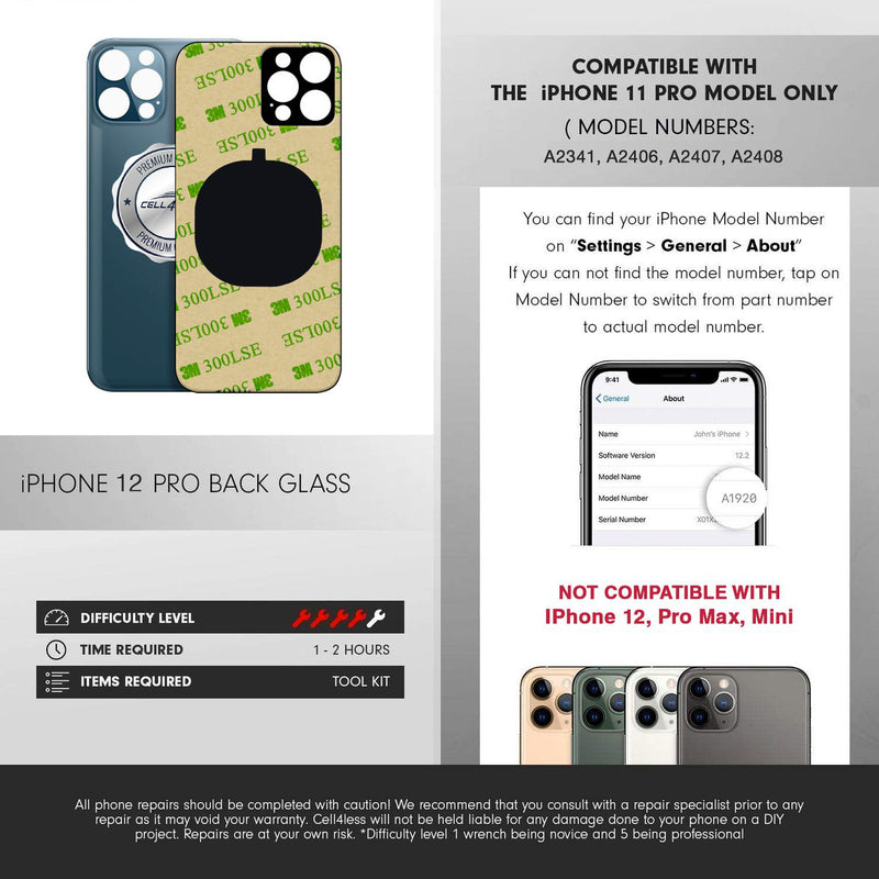 iPhone 12 Pro Back Glass W/Full Body Adhesive, Removal Tool, and Wide Camera Hole for Quicker Installation - CELL4LESS
