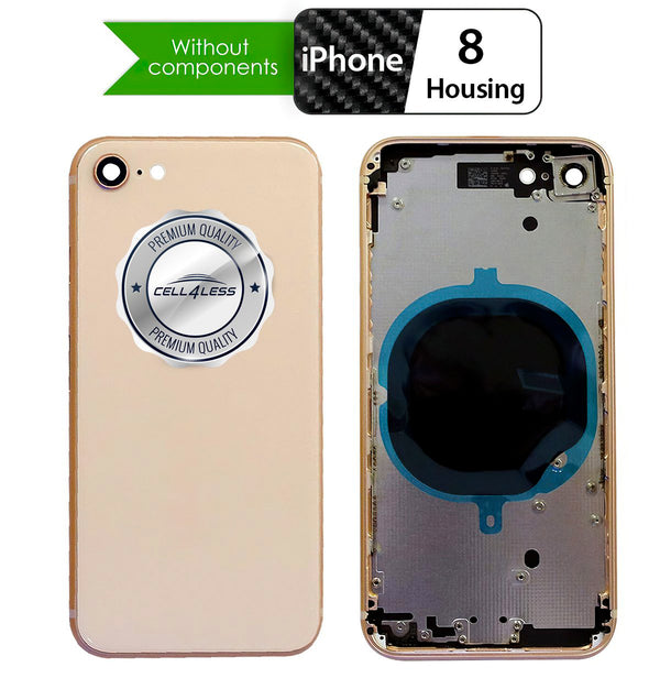 iPhone 8 Gold Back Housing Assembly Metal MidFrame w/ Back Glass - Wireless Charging pad - Sim Card Tray and Camera Frame and Lens - CELL4LESS