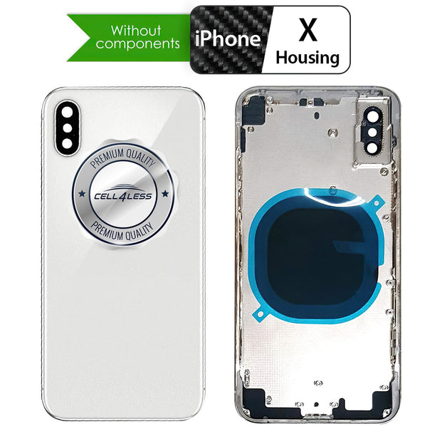 iPhone X SILVER Back Housing Assembly Metal MidFrame w/ Back Glass - Wireless Charging pad - Sim Card Tray and Camera Frame and Lens - No Logo - CELL4LESS