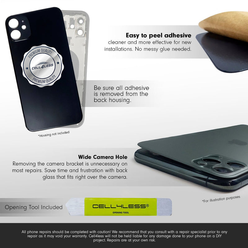iPhone 12 Back Glass W/Full Body Adhesive, Removal Tool, and Wide Camera Hole for Quicker Installation - CELL4LESS